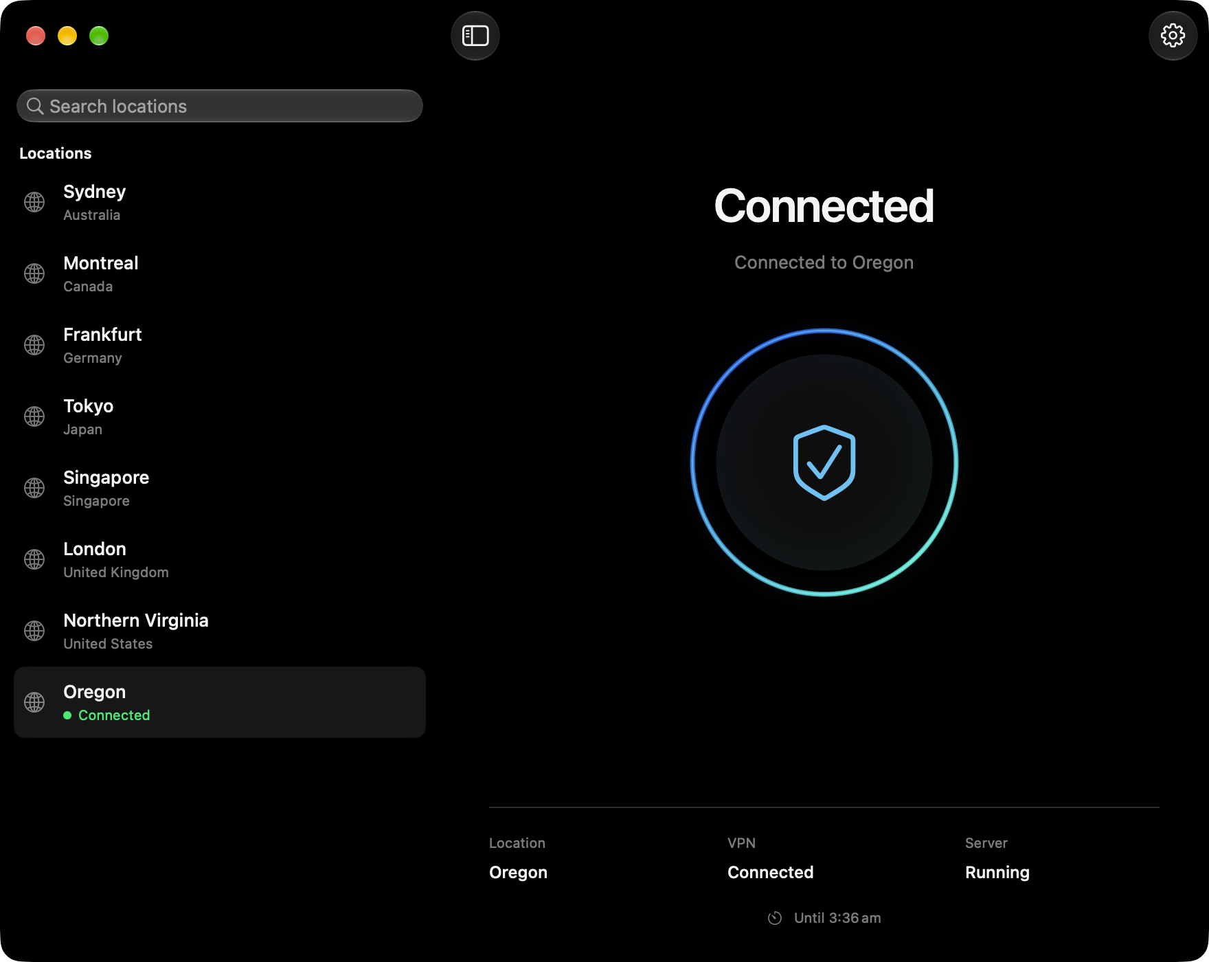 Yeah Nah VPN on Mac connected to Oregon, with locations in the sidebar.