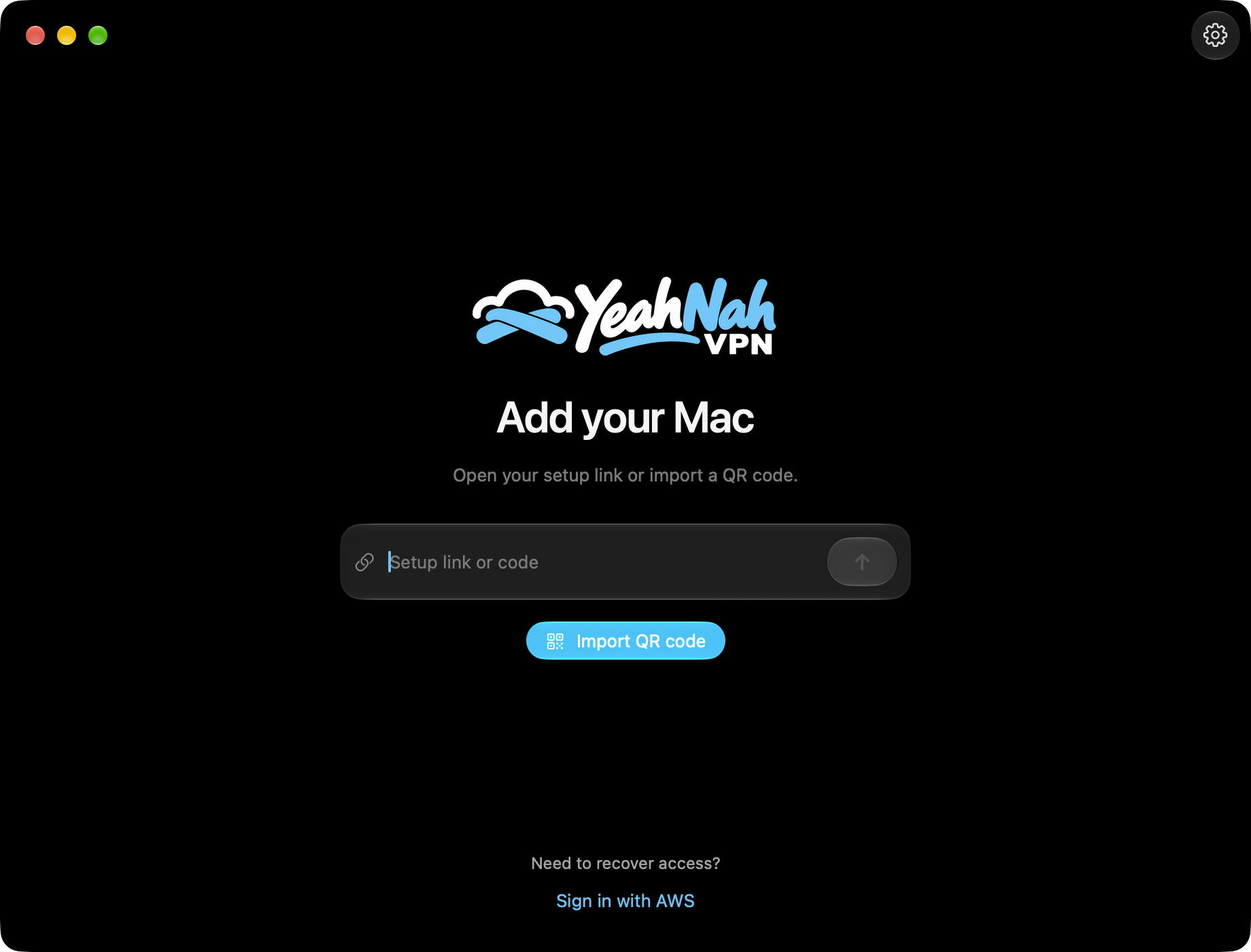 The Mac app setup screen with a setup-link field and QR import.